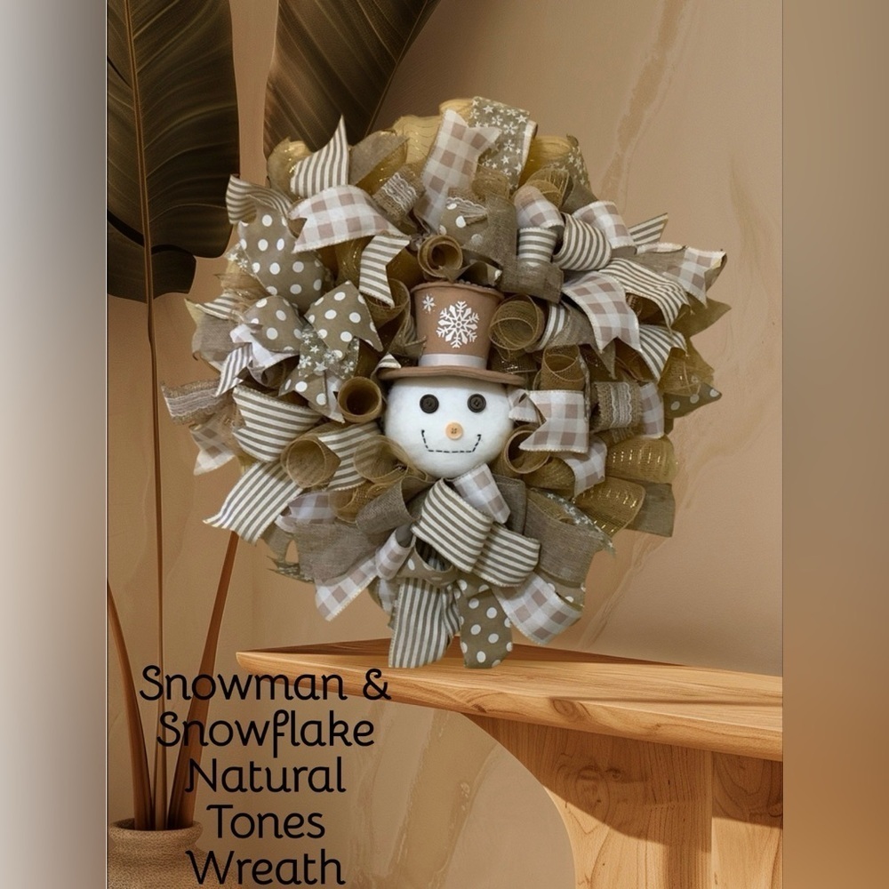Snowman and Snowflake Custom designed Wreath in Neutral tones